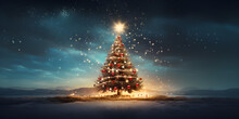 Winter Background With Bright Lights And Snow On Christmas  Tree With Decorations