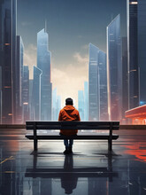 Alone Man in the Night Megapolis. Concept of loneliness