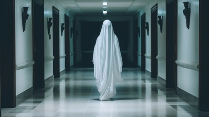 Wall Mural - The man is in white clothes and shows a scary looking face at a creepy hotel corridor, look like ghost in night for Halloween Festival concept