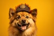Photography in the style of pensive portraiture of a happy finnish spitz wearing a pirate hat against a bright yellow background. With generative AI technology