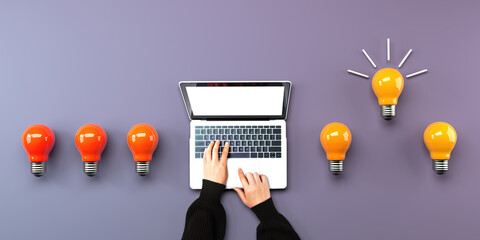 Aufkleber - Idea light bulbs with person using a laptop computer from above