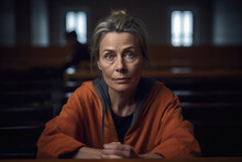 Middle Age Woman Prisoner In Dark Courtroom Portrait