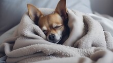 Cute Dog Is Sleeping In The Bed On Warm Blanket. Cold Autumn Or Winter Weekend. Hygge Concept.