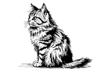 Cute Cat Hand Drawn Ink Sketch Engraving Vintage Style.Vector Illustration.