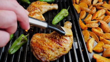 Sticker - grilled cooked chicken thighs legs on barbecue, brushes with Dijon mustard