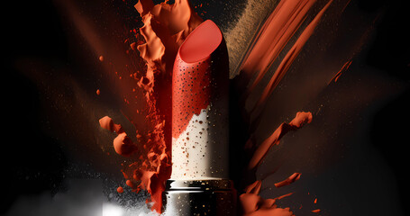 Wall Mural - Red creative lipstick backdrop with abstract explosion for beautiful banner