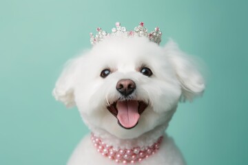 Wall Mural - Close-up portrait photography of a happy bichon frise wearing a princess crown against a pastel green background. With generative AI technology