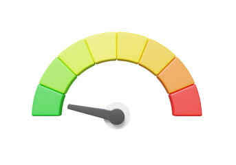 Minimal cartoon arrow point credit scale speed low status green speedometer icon performance, pointer rating risk levels, meter, tachometer on isolated background. 3d render