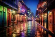 Rain-soaked Bourbon Street in New Orleans after heavy spring downpour. Colored lights reflect off famous street. Generative AI