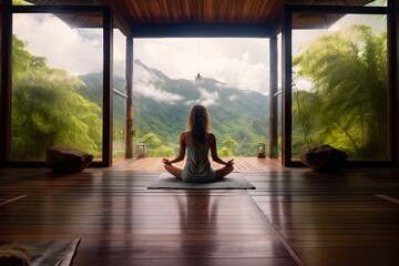 Wall Mural - Healthy wellness woman yoga breathing meditating in lotus position. Generative AI