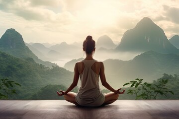 Healthy wellness woman yoga breathing meditating in lotus position. Generative AI