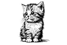 Cute Cat Hand Drawn Ink Sketch Engraving Vintage Style.Vector Illustration.