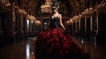 Model Exuding Mystery In A Masked Ball Gown, Set In A Grand Ballroom With Chandeliers