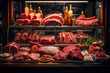 Showcase with raw meat in a butcher shop.Selected quality meat.