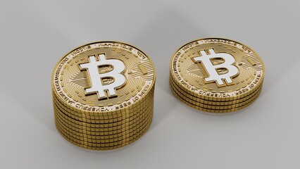 3D illustration of a bitcoin coin. 2 stacks of cryptocurrency coins lie on a white background.