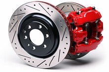 Red Race Car Brake Calipers And Discs On White Background. Generative AI