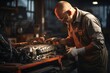 Man fixing a car engine in a garage, soft focus - Problem solving and mechanics  - AI Generated