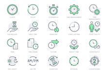 Time Management Line Icons. Vector Illustration Include Icon - Deadline, Stopwatch, Hourglass, Metronome, Delay, Punctuality Outline Pictogram For Work Days. Green Color, Editable Stroke