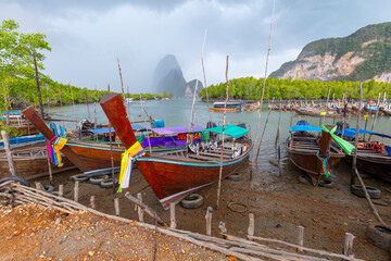 Wall Mural - Fishing boat is parked nearly coast at Ban Hin Rom port, Phangnga Thailand.