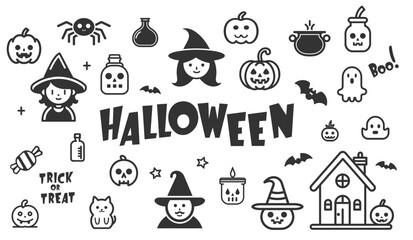 Set of vector cute elements for Halloween isolated on white. Witches, Dark Cute Wizard, potion pot, pumpkins, cat, bats, spider, ghosts, potions, candy, stars. Ideal for postcards, stickers, flyers.