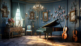traditional music room with grand piano and stringed instruments