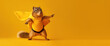 squirrel in superhero cape over orange background, panoramic layout. Generative Ai