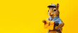 Squirrel postman over yellow background, panoramic layout. Generative Ai