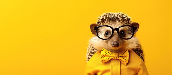 hedgehog in glasses over yellow background, panoramic layout. generative ai