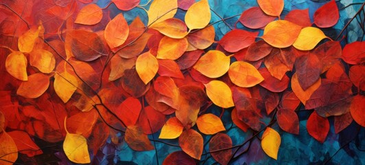 Poster - Closeup of abstract rough colorful organic autumnal fallen leaves art painting texture, with oil acrylic brushstroke, pallet knife paint on canvas wallpaper