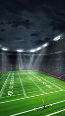 Wall Mural - American football arena, stadium with yellow gates and green grass. FUll audience of sports fans ready to cheer up team. 3D render. Concept of sport, activity, football, championship, match, game