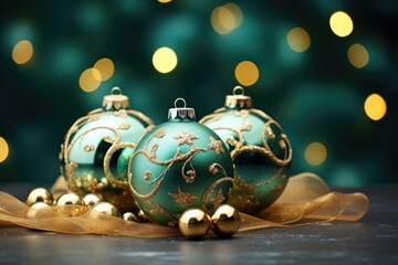 Wall Mural - golden and green christmas ball decoration copy scape