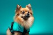 Photography in the style of pensive portraiture of a cute pomeranian wearing a reflective vest against a tropical teal background. With generative AI technology