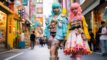 Girls Dressed As Anime Character Or Harajuku, Pose At A Cosplay Gathering In Japan. Shallow Field Of View.