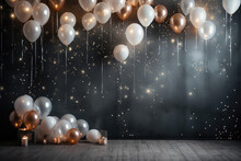 Party Festive Birthday Photo Zone With Colorful Balloons. Copy Space For Text