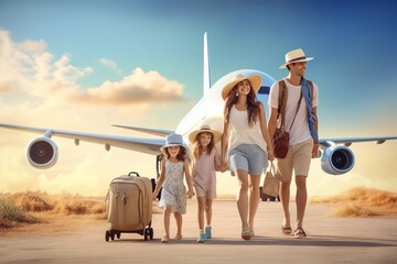 A family with a son and daughter happily travels on a big plane for a summer family vacation and family bonding. family concept.