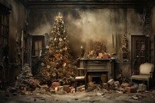 Last Christmas Old Dirty Room With Decorated Christmas Tree Illustration