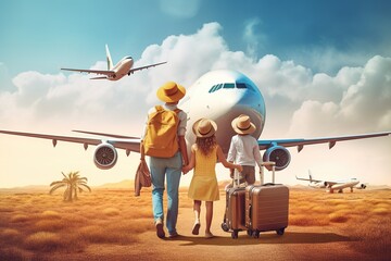 Wall Mural - A family with a son and daughter happily travels on a big plane for a summer family vacation and family bonding. family concept.