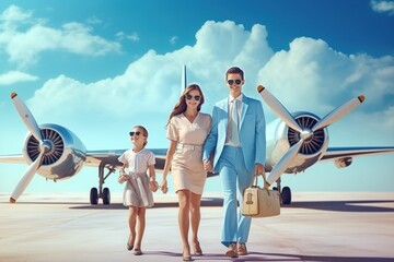 Wall Mural - A family with a son and daughter happily travels on a big plane for a summer family vacation and family bonding. family concept.