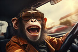 Fototapeta  - monkey driving the car spins the wheel and screams