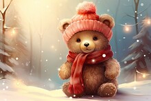 Cute Little Teddy Bear Baby With Scarf In Winter Illustration