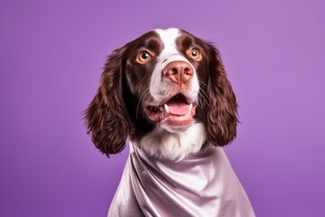 Medium shot portrait photography of a smiling english springer spaniel wearing a superhero cape against a lilac purple background. With generative AI technology