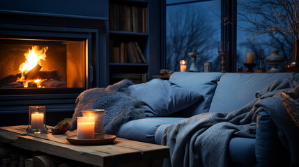 Wall Mural - cozy room with sofa and kamin with view from window on rainy evening street