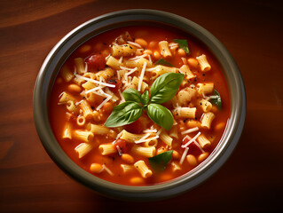 Wall Mural - Minestrone, italian vegetable soup with pasta.  Ai Generative