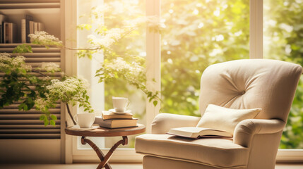 Wall Mural - Cozy reading nook in a sunlit home corner. Close-up of a white comfy armchair by the window.