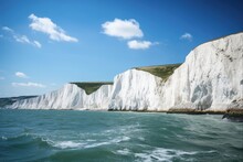 White Cliffs Of Dover, Chalk Cliffs Of Kent, England With Ocean And Boat Views