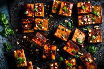 Artistic shot of marinated tofu against a different background 