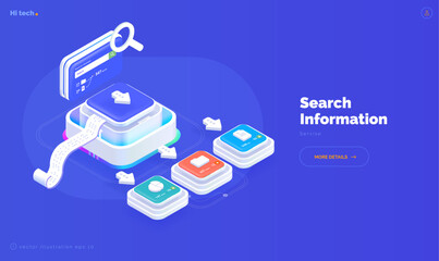 Fototapete - System of electronic classification and search of corporate data. Quick data search. Classification of files, folders, reports, graphs. Isometric vector illustration 3d style on blue background