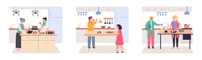 Wall Mural - People cooking vegetarian food. Vector illustration. Vegetarian concept with healthy fresh diet a woman eating salad. Collection of people cooking in kitchen serving table dining together, eating food