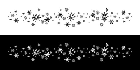 Wall Mural - Snow. Snow symbols. Snowflakes. White or black winter background with Snowflakes border. Christmas background for greeting card. Snowflake. Xmas ornament or design