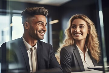 shot of a happy businessman and businesswoman working together in an office